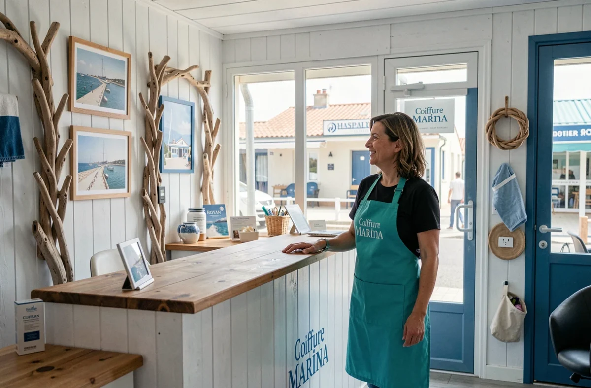 Accueil chaleureux au salon Coiffure Marina à Royan avec décor côtier et vue sur l'architecture maritime