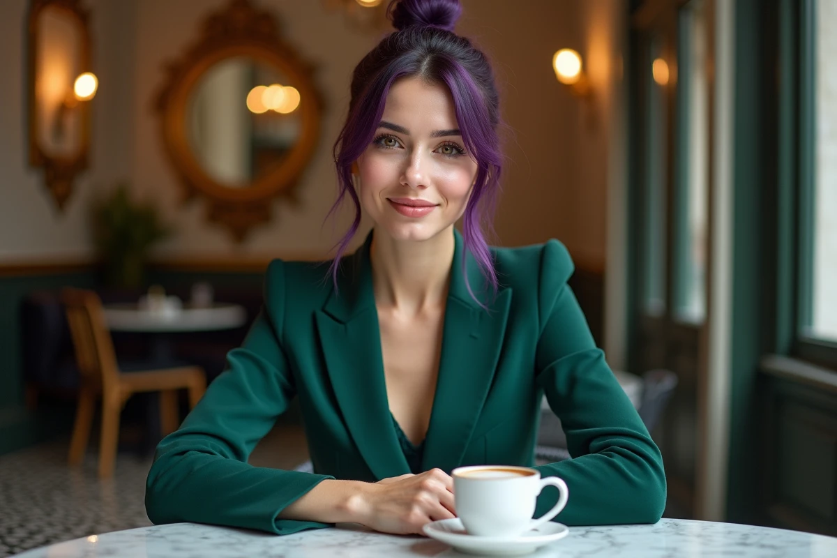 Femme avec un chignon bas violine foncé dans un café parisien chic portant un blazer émeraude