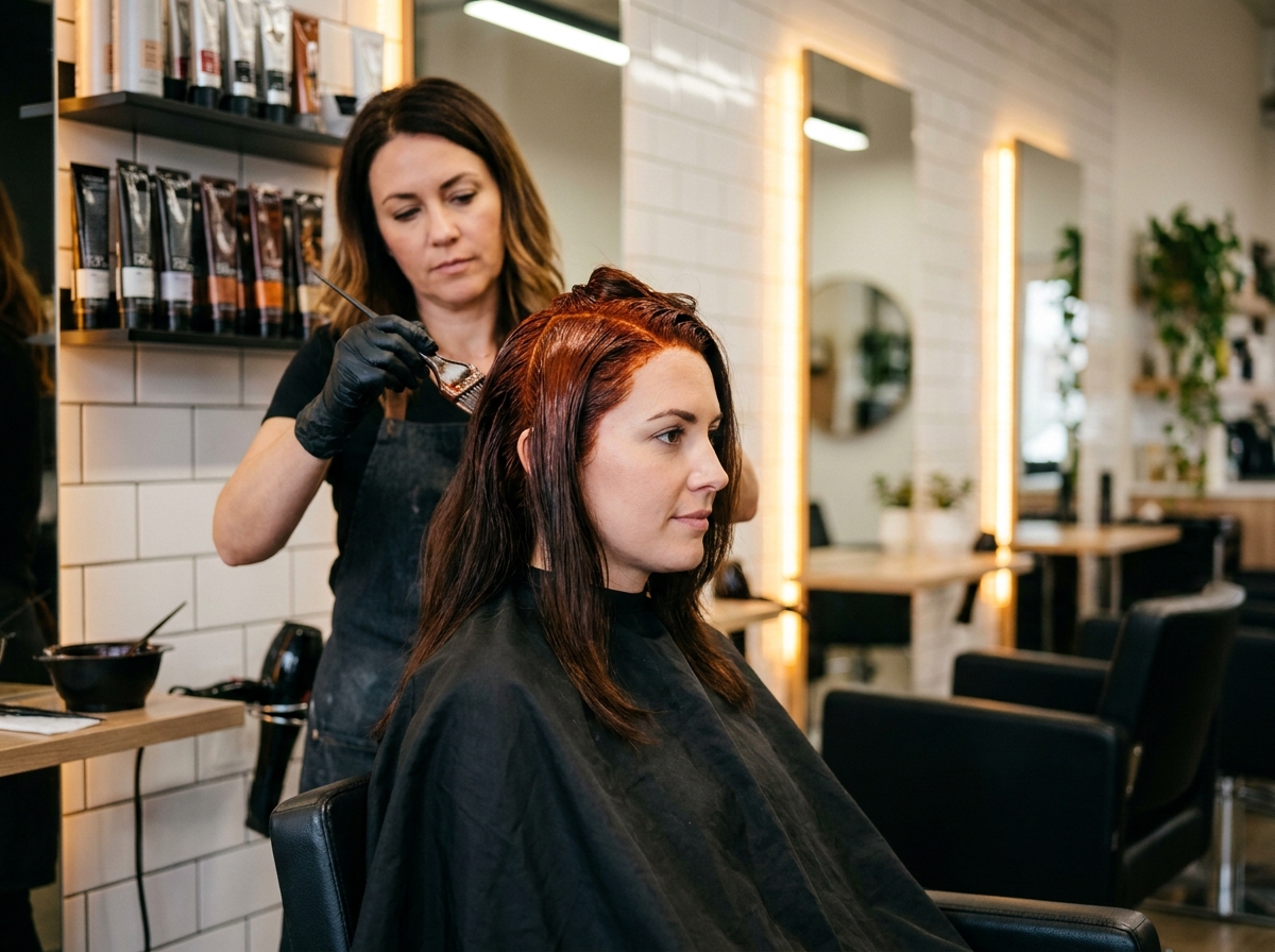 Femme en salon de coiffure recevant une coloration cuivrée appliquée par une coloriste professionnelle