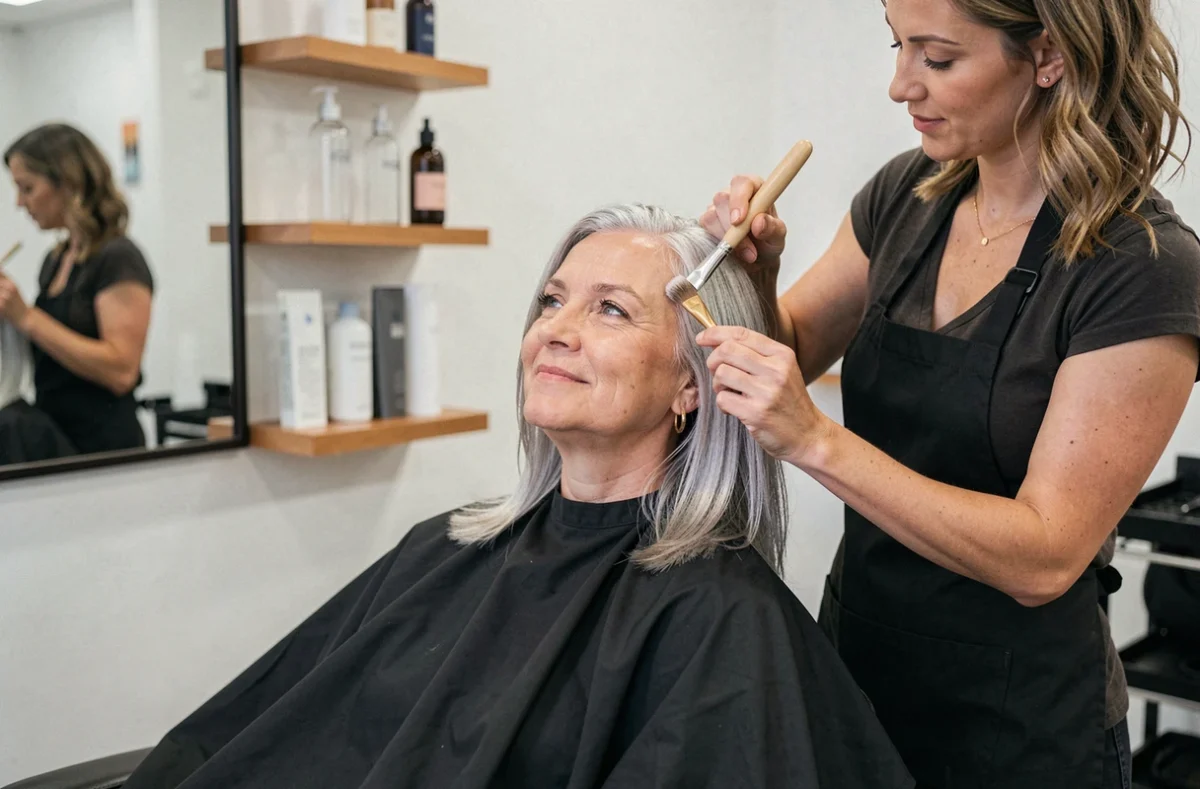 Femme aux racines blanches se faisant appliquer une coloration douce en salon par une coiffeuse professionnelle
