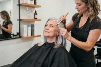 Femme aux racines blanches se faisant appliquer une coloration douce en salon par une coiffeuse professionnelle