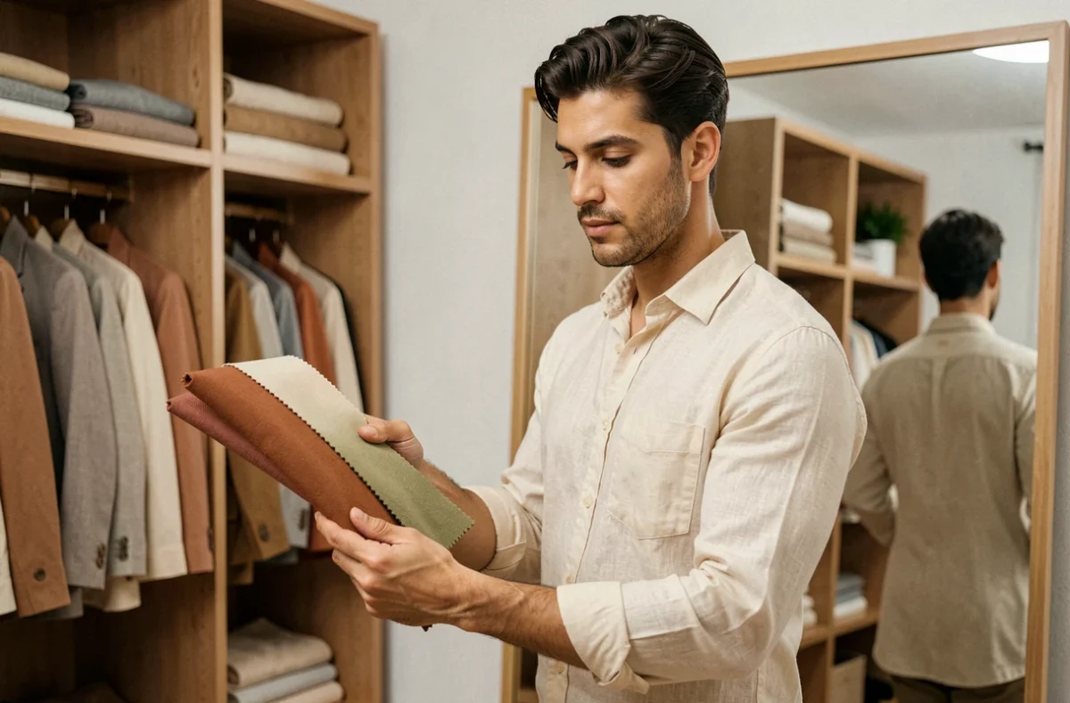 Homme aux tons chauds comparant des échantillons de tissus colorés dans un dressing moderne pour sa colorimétrie personnelle