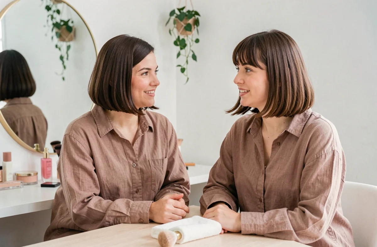 Deux femmes aux visages ronds comparant un carré plongeant et un lob à frange rideau dans un dressing lumineux