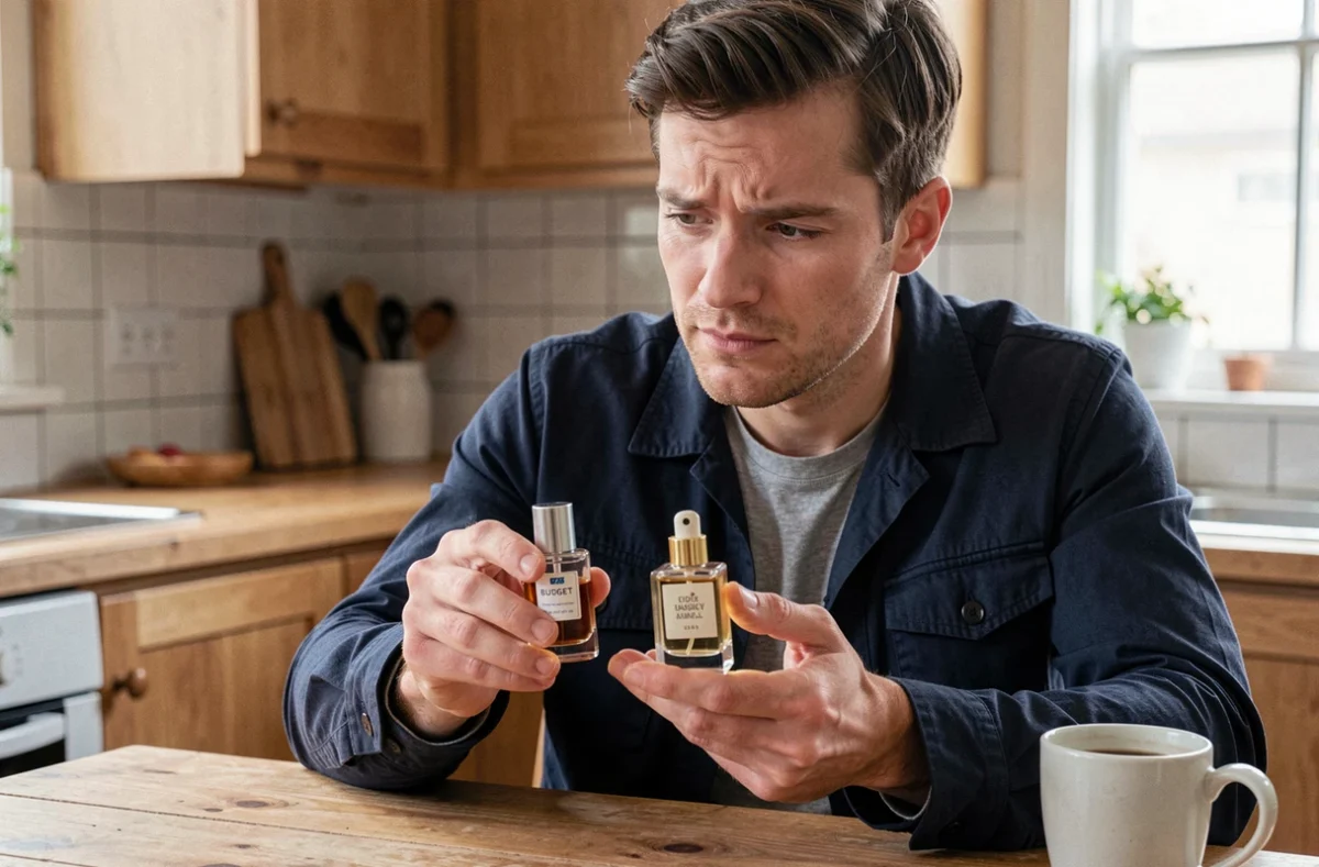 Homme comparant deux flacons de parfum dont un parfum Lidl à la maison