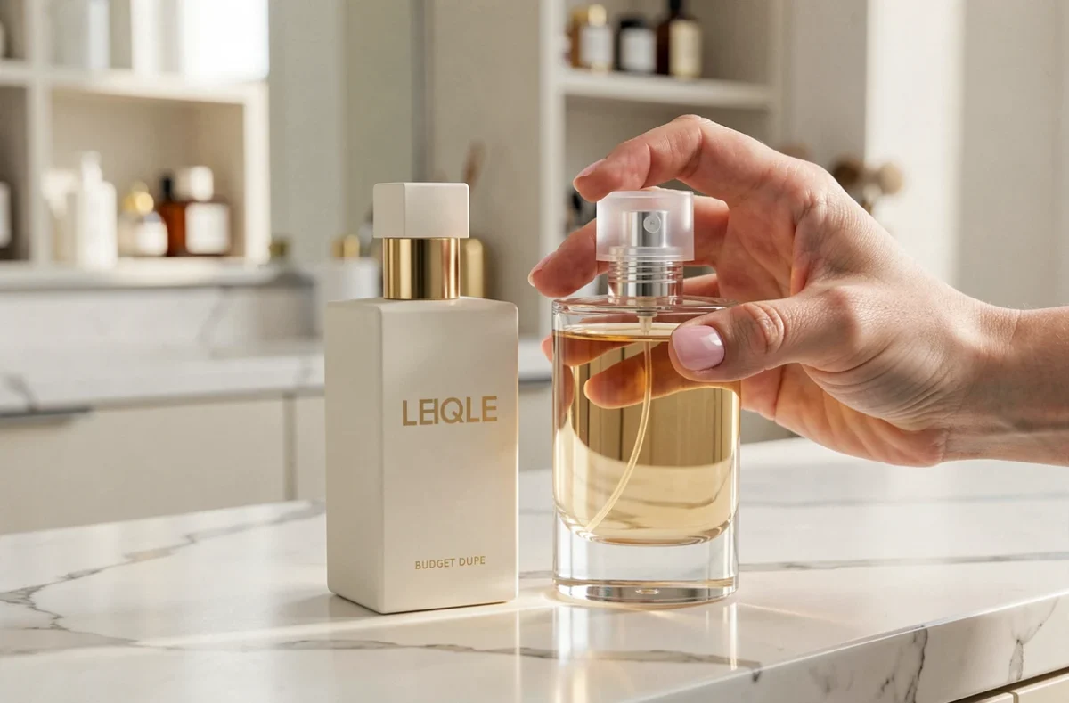 Comparatif entre un parfum de luxe et son dupe posés côte à côte sur marbre blanc, tenus par une main féminine soignée