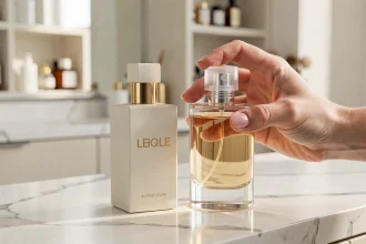 Comparatif entre un parfum de luxe et son dupe posés côte à côte sur marbre blanc, tenus par une main féminine soignée