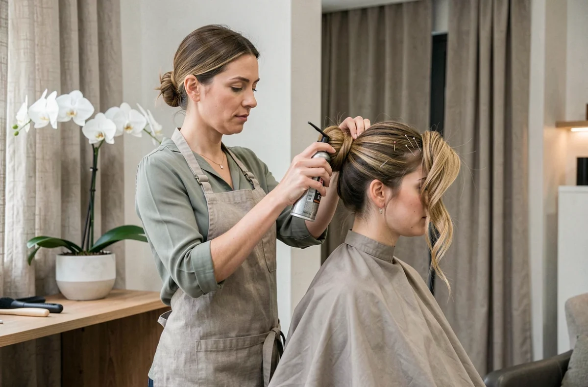 Coiffeuse du salon Confidentiel à Puilboreau réalisant un chignon élaboré sur une cliente