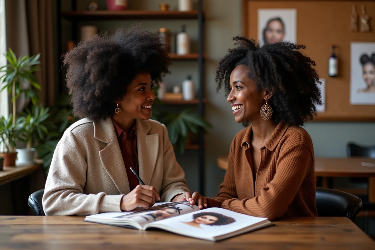 Coiffeuse experte en tresses afro en consultation avec une cliente dans un studio spécialisé à Paris