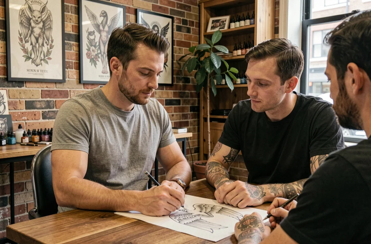 Client masculin consultant un tatoueur sur un design d'ailes d'anges dans un salon de tatouage urbain