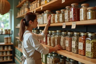 Corner oriental dans un magasin bio avec épices, fruits secs et noix en vrac présentés sur des étagères en bois
