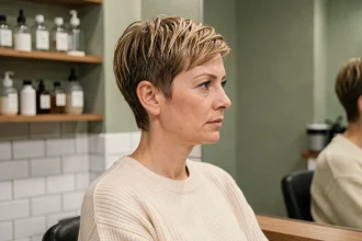 Femme aux cheveux fins et courts en coupe pixie dans un salon de coiffure parisien