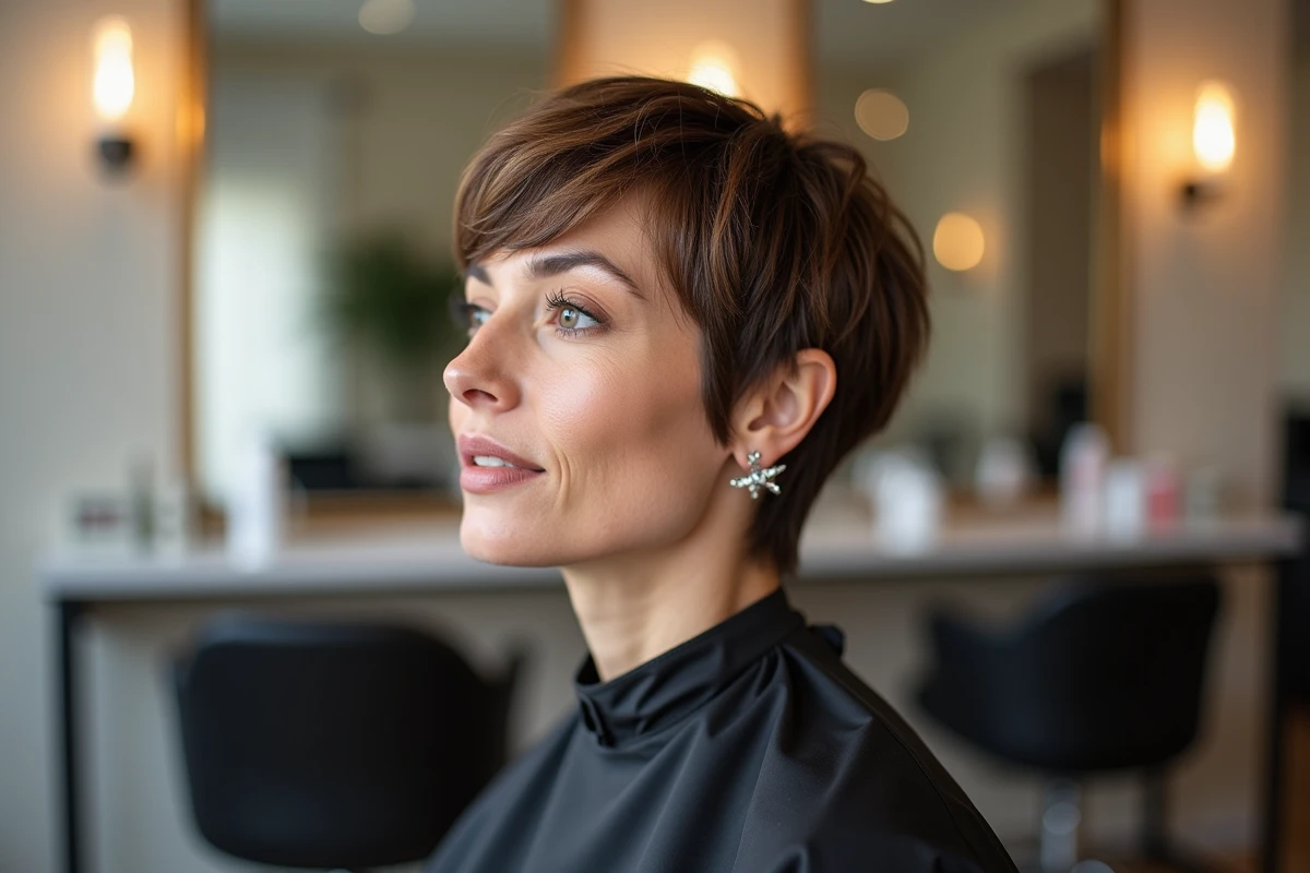 Femme aux cheveux courts fins avec balayage caramel pour donner du volume, assise dans un salon de coiffure moderne