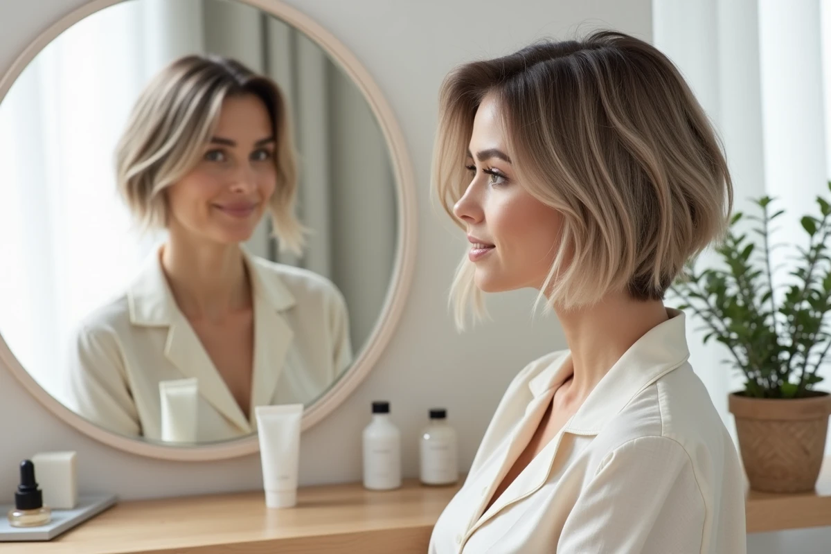 Femme avec coupe courte texturée et mèches face-framing devant un miroir rond dans une chambre scandinave
