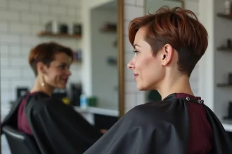 Femme aux cheveux courts avec balayage caramel sculpté pour visage rond dans un salon de coiffure moderne
