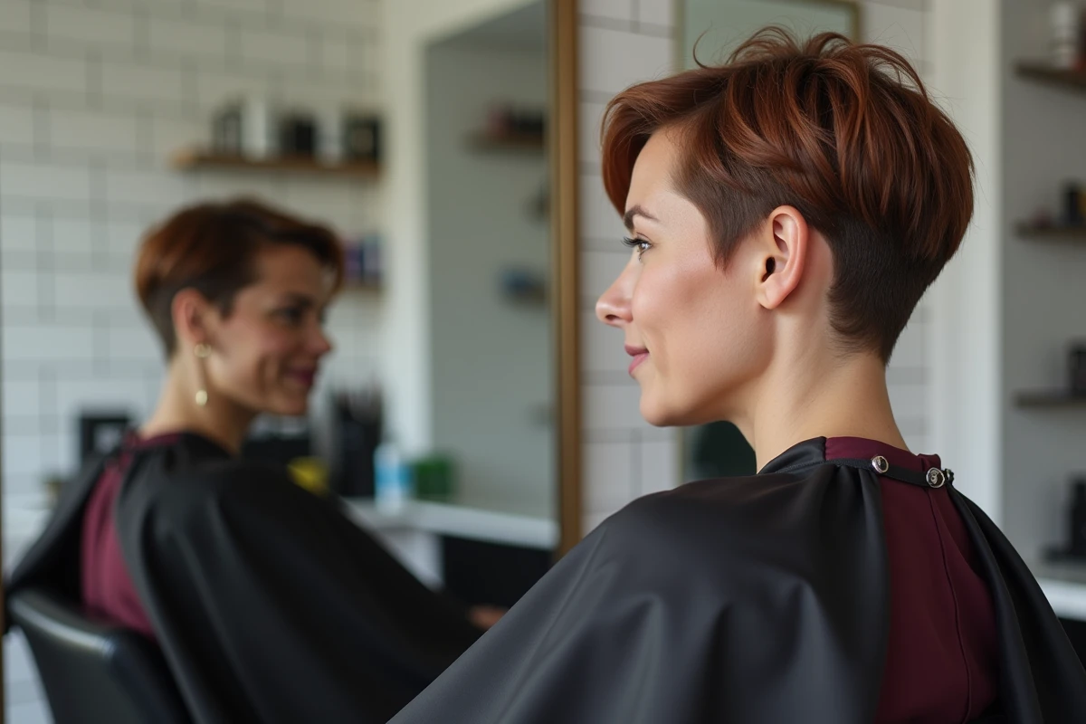Femme aux cheveux courts avec balayage caramel sculpté pour visage rond dans un salon de coiffure moderne