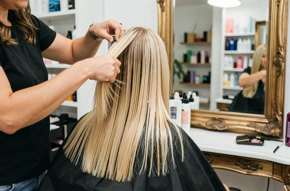 Coupe de cheveux dégradé effilé long réalisée en salon de coiffure, vue de dos montrant les couches et les pointes effilées sur cheveux blonds