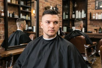 Homme en chaise de barbier avec une coupe fade tapered fraîchement réalisée, reflété dans un grand miroir de salon de coiffure moderne
