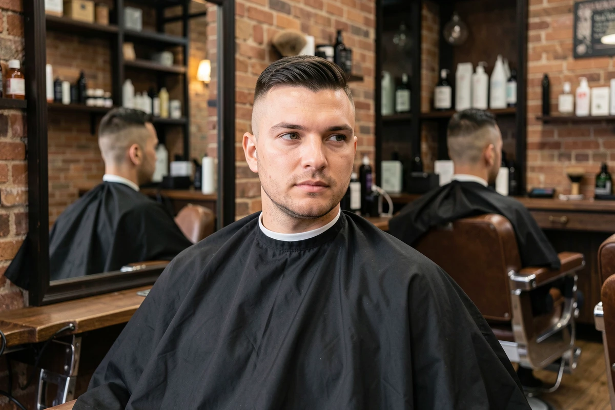 Homme en chaise de barbier avec une coupe fade tapered fraîchement réalisée, reflété dans un grand miroir de salon de coiffure moderne