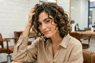 Femme aux cheveux bouclés avec une coupe mulet moderne en salon de coiffure, mettant en valeur les boucles naturelles et les couches effilées