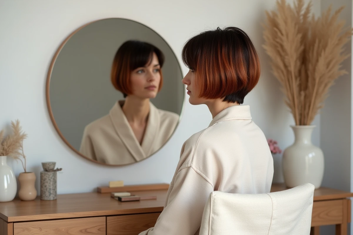 Jeune femme avec coupe très courte et cheveux fins en dégradé espresso-cuivré devant une coiffeuse minimaliste à la maison