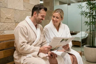 Couple en robe de spa consultant une brochure dans un espace d'attente de centre de bien-être professionnel