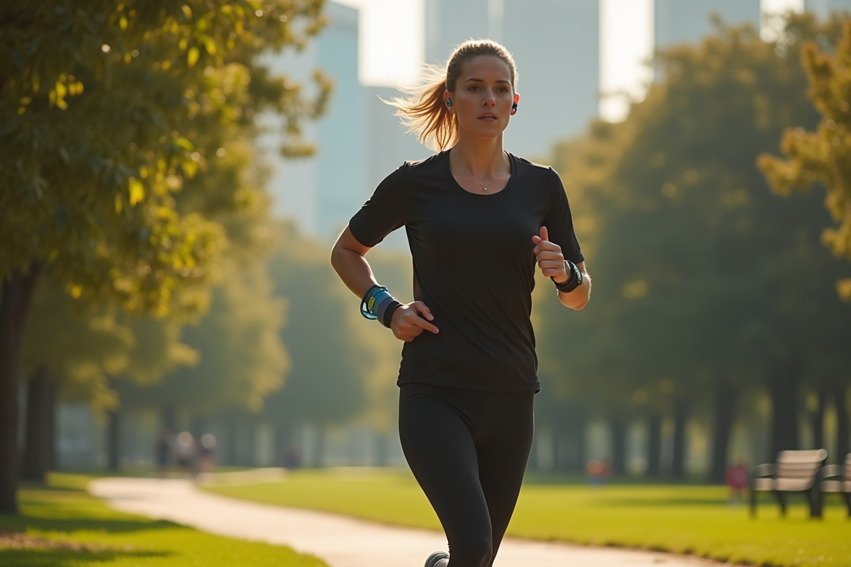 Femme en jogging dans un parc urbain au matin