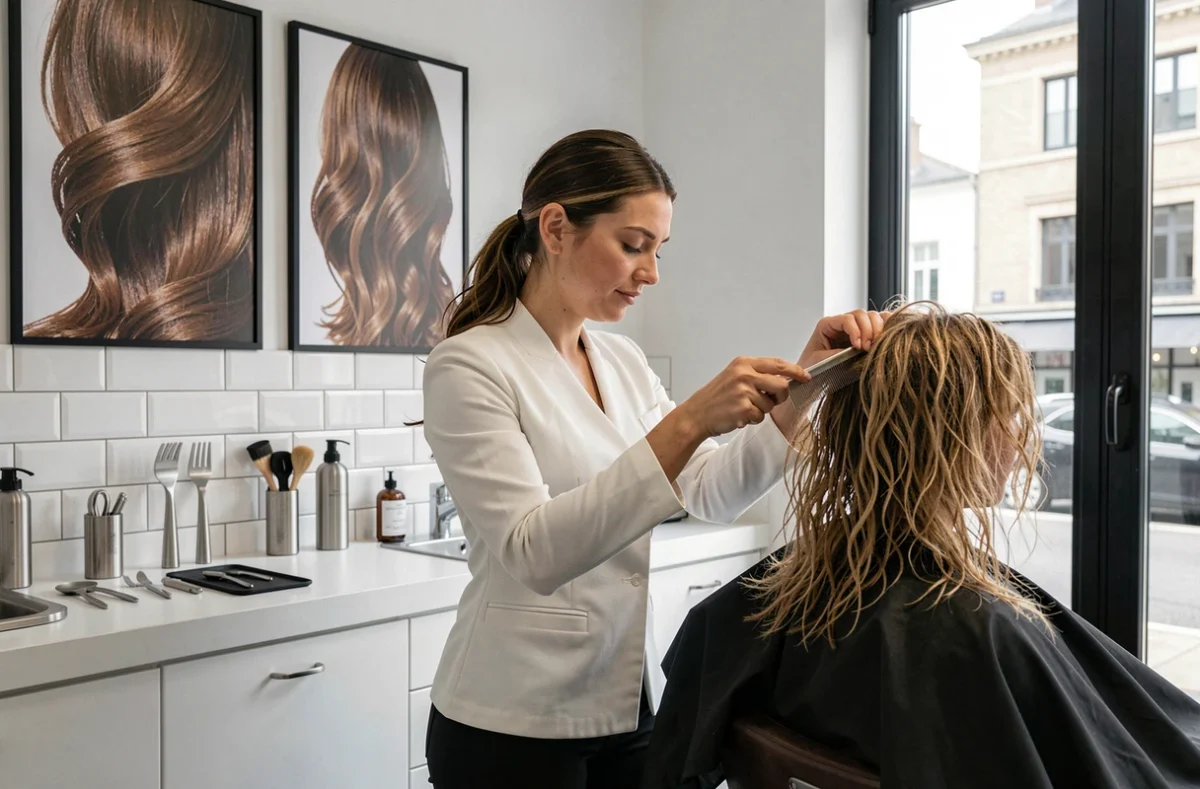 Spécialiste appliquant un soin à la kératine sur les cheveux d'une cliente dans le salon Cuisine et Kératine à Nantes