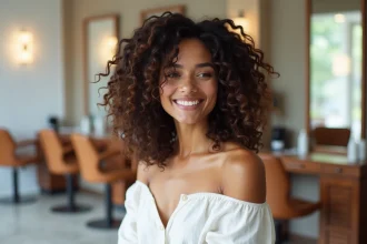 Femme aux cheveux bouclés avec un dégradé espagnol coiffé en salon moderne, boucles volumineuses et fondu parfait aux tempes