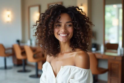 Femme aux cheveux bouclés avec un dégradé espagnol coiffé en salon moderne, boucles volumineuses et fondu parfait aux tempes