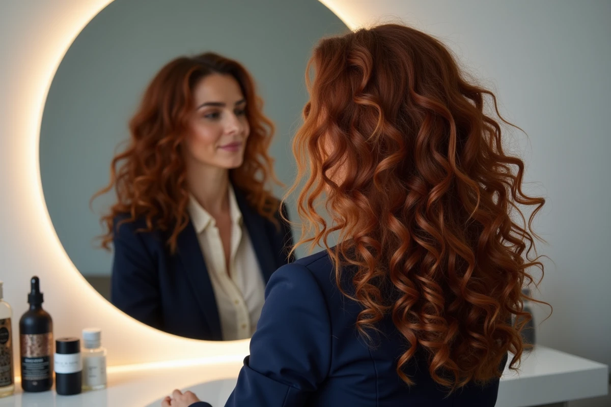 Femme aux longs cheveux bouclés châtains avec dégradé espagnol visible de face et dans le miroir, coupe étagée et fondu sur la nuque