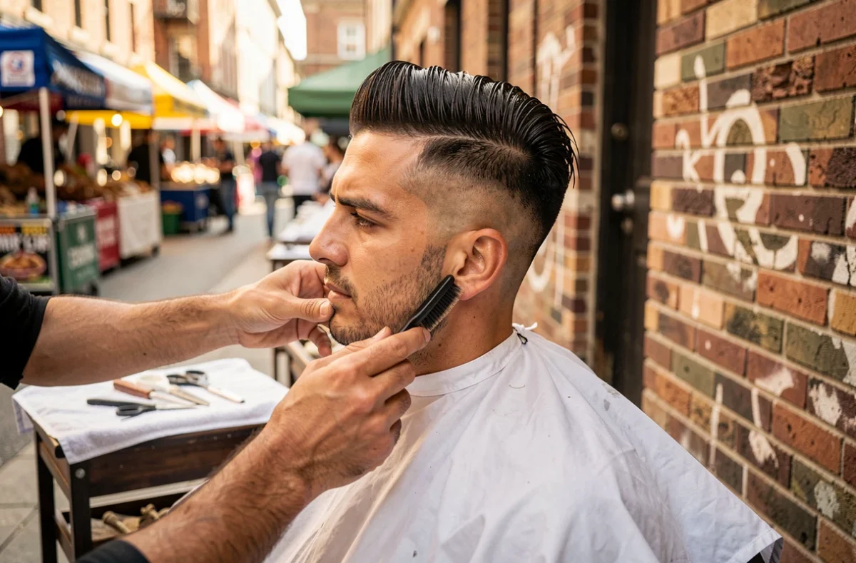 Homme en cape de coiffeur avec dégradé et raie sur le côté, finition extérieure dans un salon mobile urbain, volume et texture des cheveux fins mis en valeur