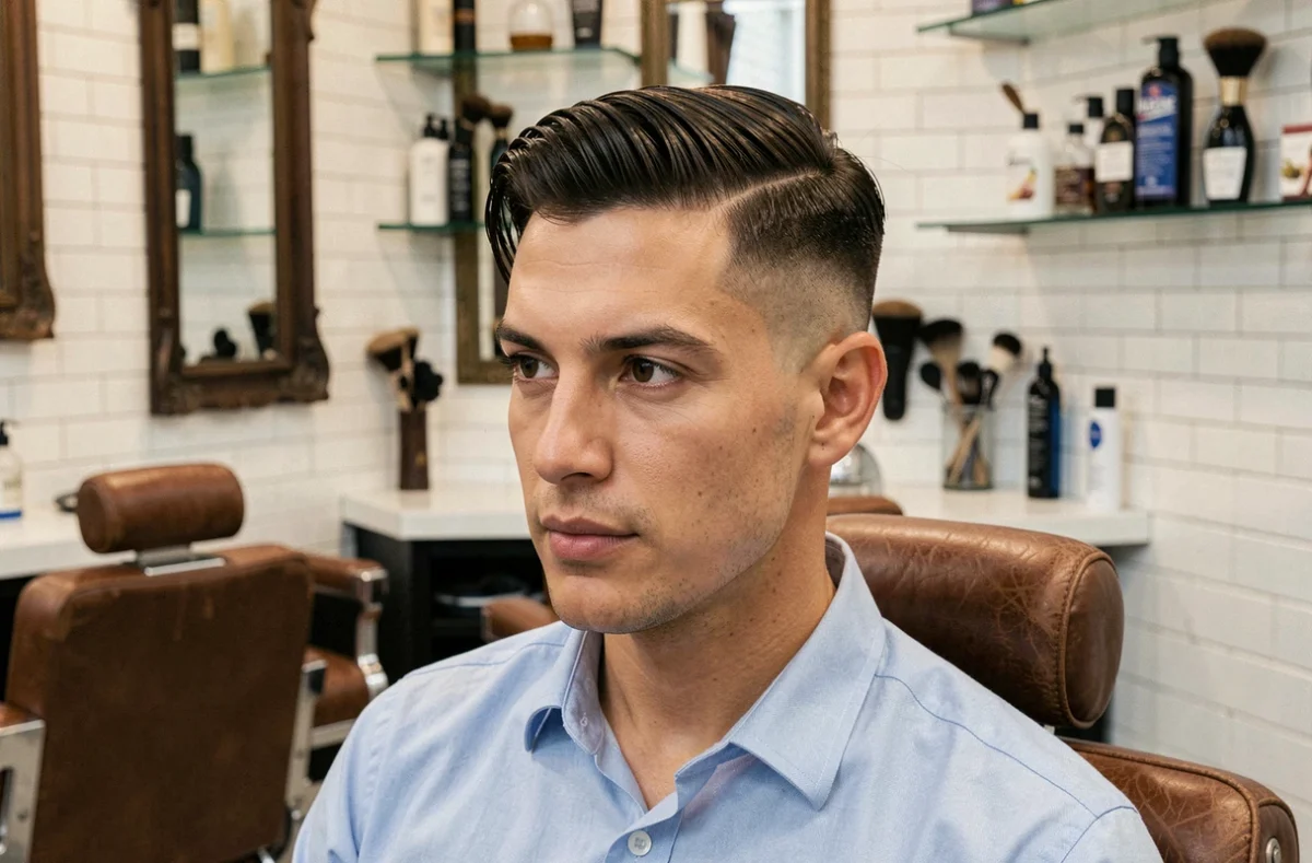 Homme aux cheveux fins coiffé d'un dégradé avec raie sur le côté dans un salon de coiffure moderne, vue en trois quarts mettant en valeur le volume visuel sur le dessus