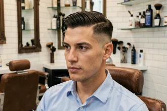 Homme aux cheveux fins coiffé d'un dégradé avec raie sur le côté dans un salon de coiffure moderne, vue en trois quarts mettant en valeur le volume visuel sur le dessus