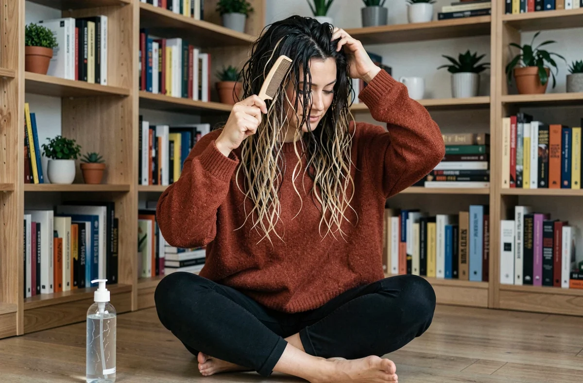 Femme aux cheveux bouclés châtain avec balayage blond démêlant ses boucles humides avec un peigne à larges dents sur un parquet en bois