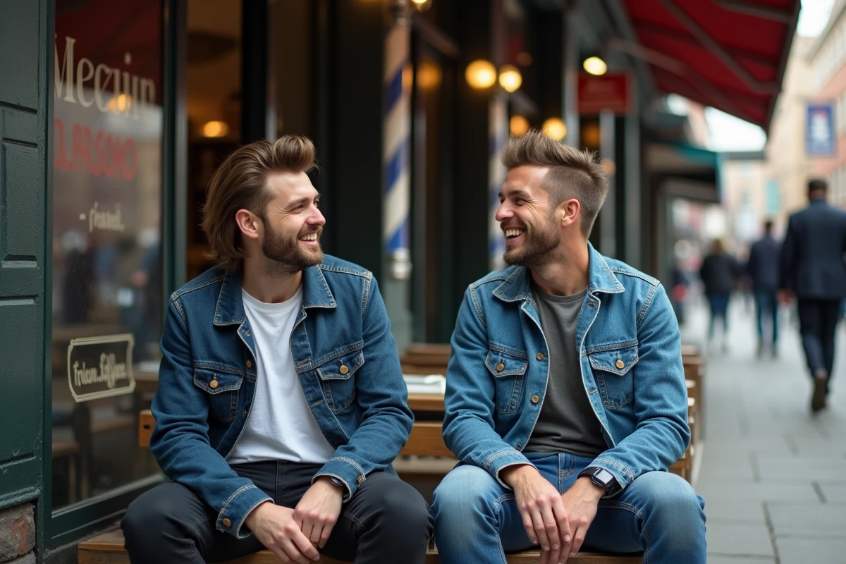 Deux hommes aux coupes mulet différentes assis devant une façade de barbier en milieu urbain