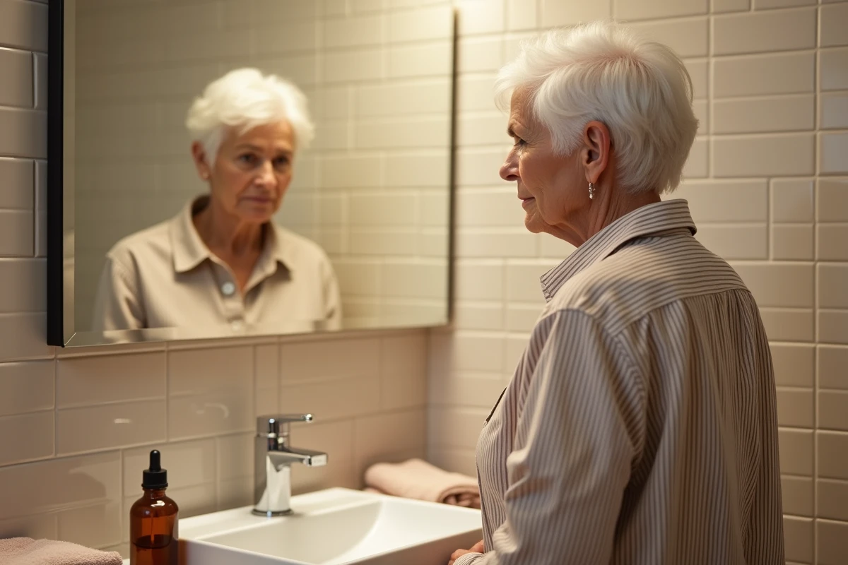 Femme aux cheveux blancs courts observant la teinte dorée obtenue avec la bétadine dans un miroir de salle de bain