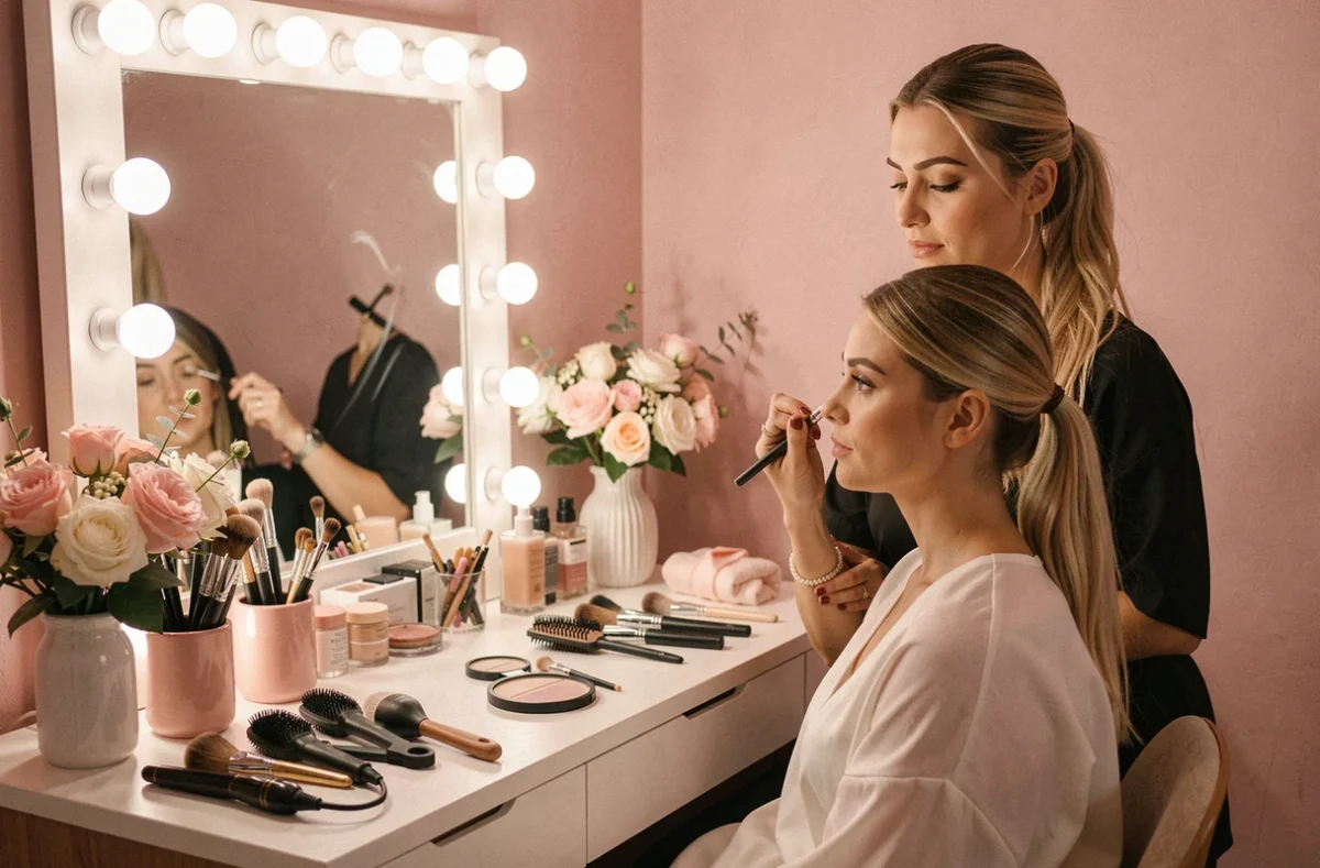 Maquilleuse et coiffeuse Emilie Brunet préparant une cliente en studio beauté à Nantes, miroir Hollywood et accessoires professionnels