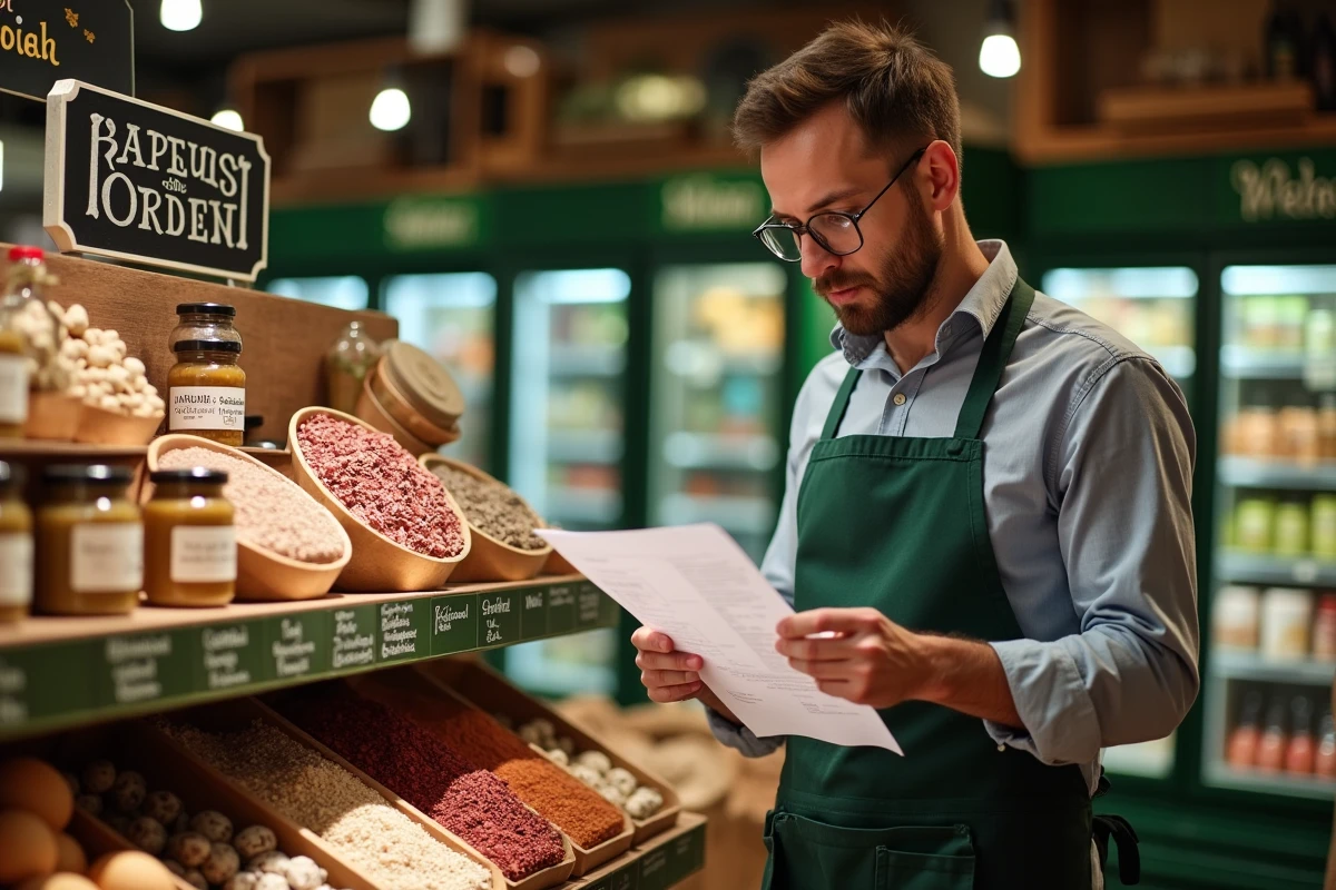 Épicier consultant un bon de commande grossiste devant un présentoir de produits orientaux dans une épicerie bio