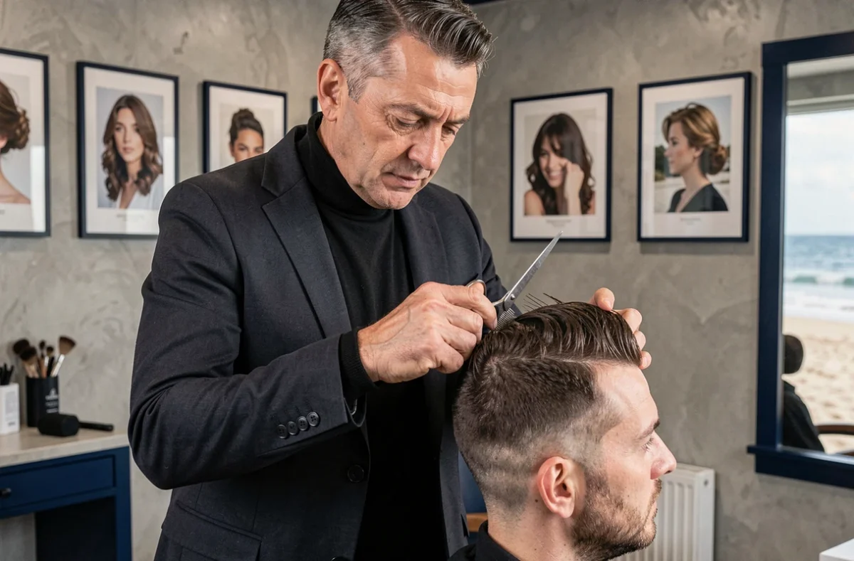 Le coiffeur Eric Stipa à Châtelaillon-Plage réalisant une coupe de précision sur un client dans son salon élégant