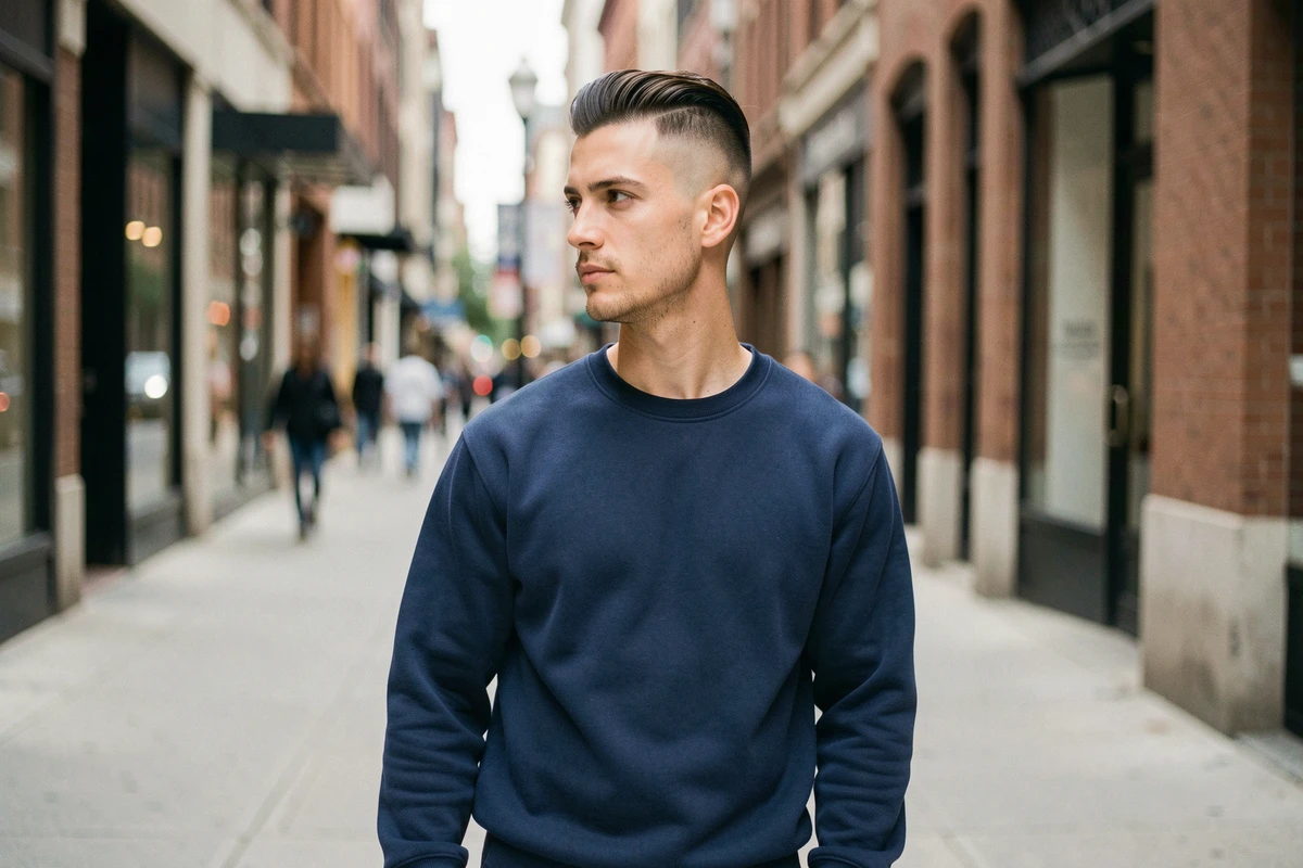 Jeune homme urbain arborant une coupe fade tapered soignée en extérieur dans un décor de rue contemporain