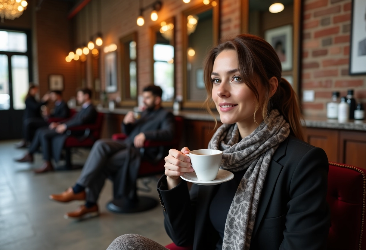 Femme souriante attendant dans un salon de barbershop