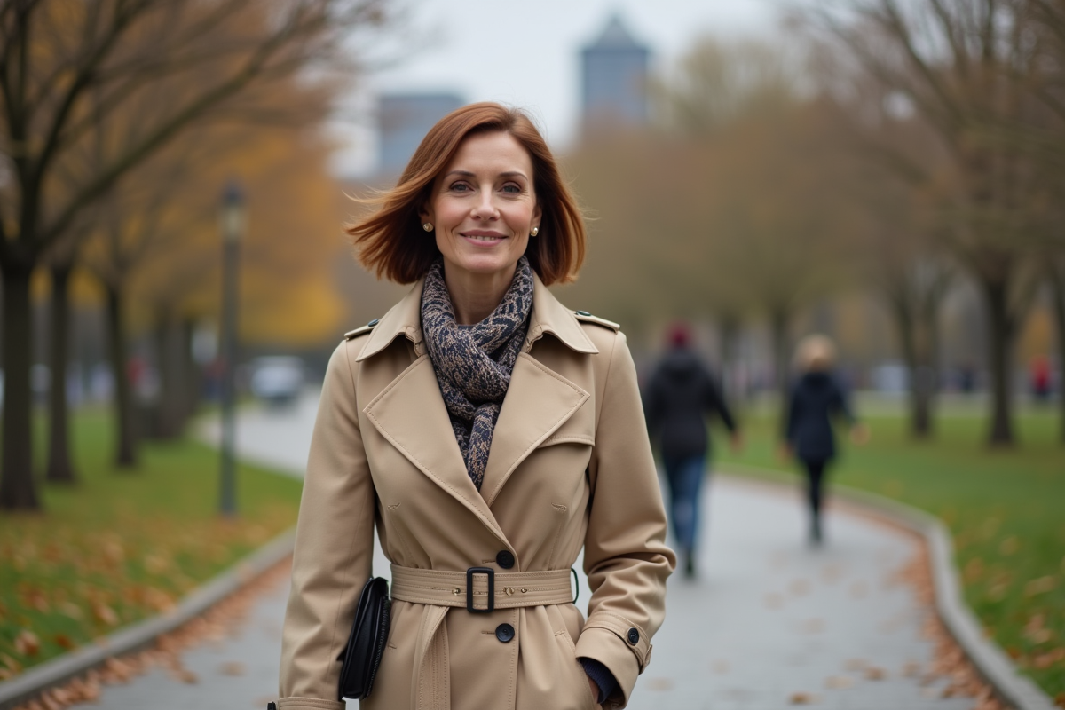 Femme élégante en promenade dans un parc automnal