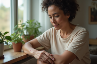 Femme d'âge moyen examinant une cicatrice sur son bras dans un intérieur calme