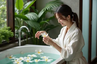 Femme en peignoir près d'une baignoire avec jasmin flottant