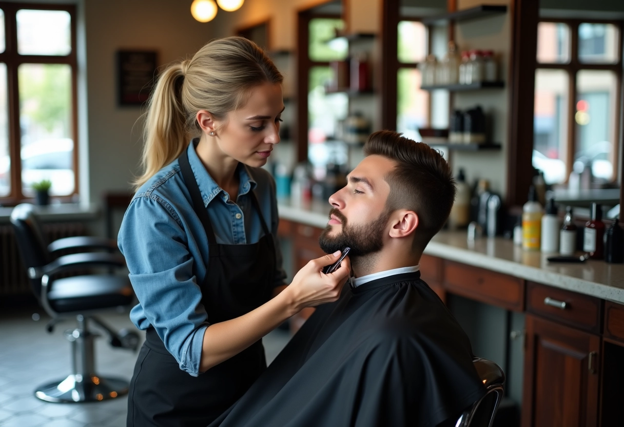 Jeune femme barbier en action pour tailler une barbe