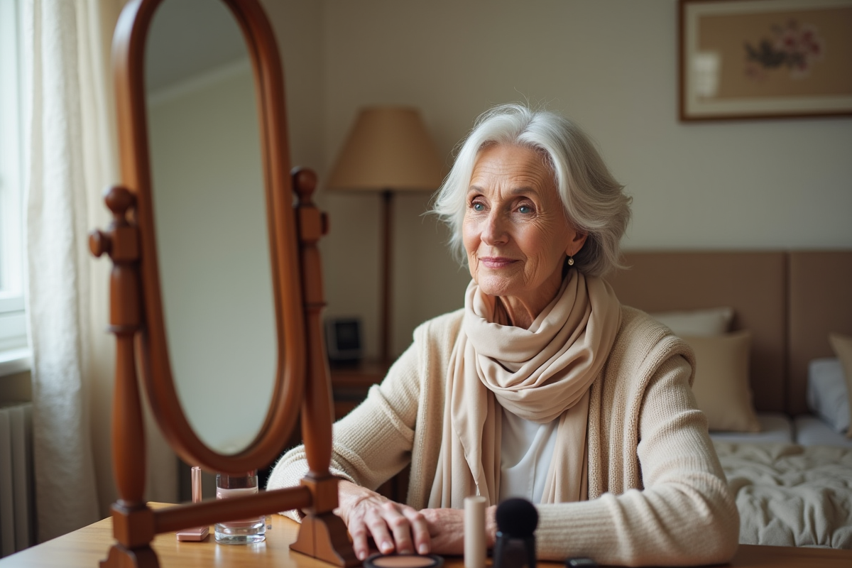 Femme élégante appliquant du maquillage dans sa chambre lumineuse