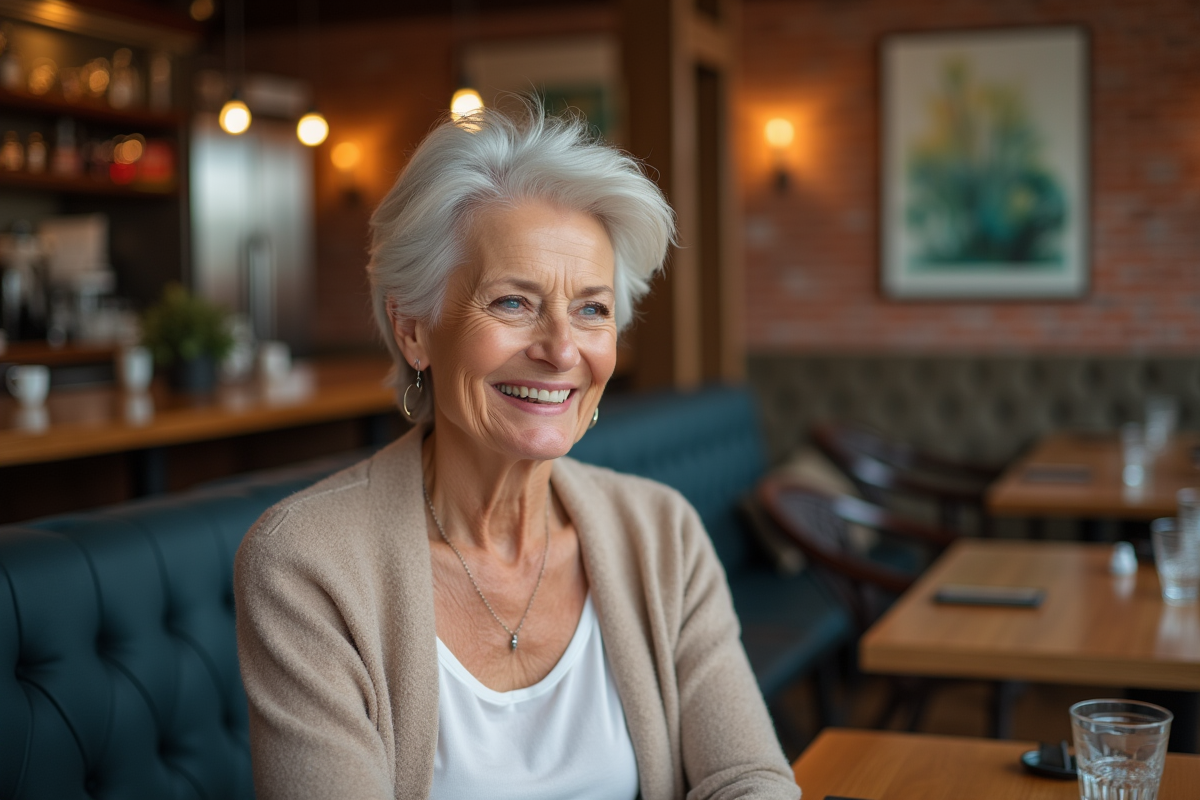 Femme souriante discutant dans un café cosy avec maquillage pastel