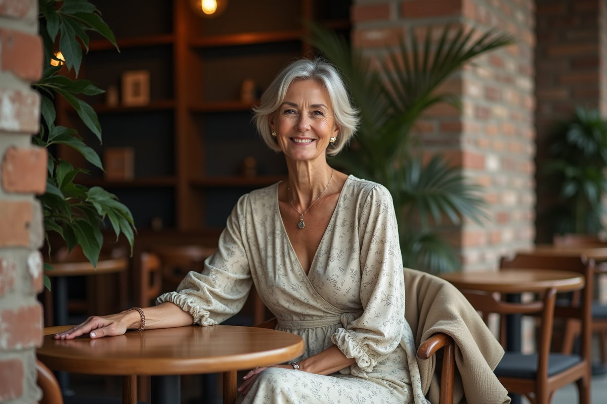 Femme assise dans un café moderne en robe élégante