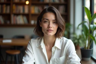 Femme en blouse blanche dans un café cosy