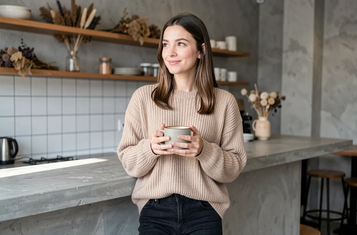 Jeune femme souriante dans un café minimaliste tenant un café, illustration de citation beauté du quotidien